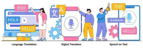 Language translation, digital translator, speech to text concept with people character. MT mobile application, multilingual communication, voice recognition app abstract vector illustration set