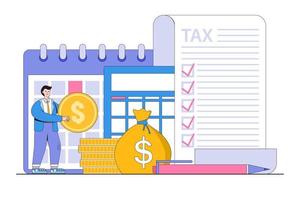 Expert complete checklist for all reduction, refund, and payment, and calculating revenue concepts illustrations. Expertise businessman filing tax form, counting income, and holding money for pay tax vector