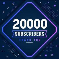 Thank you 20000 subscribers, 20K subscribers celebration modern colorful design. vector