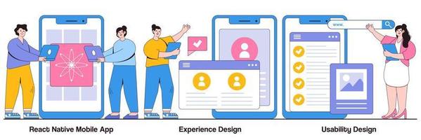 React native mobile app, experience design, usability testing concept with tiny people. Mobile app development process abstract vector illustration set. User interface, software architecture metaphor