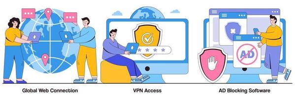 conexión web global, acceso vpn, concepto de software de bloqueo de anuncios con personas diminutas. conjunto de ilustraciones vectoriales de acceso a la red. servidor proxy remoto, navegador web, tecnología informática, metáfora de extensión de complemento vector