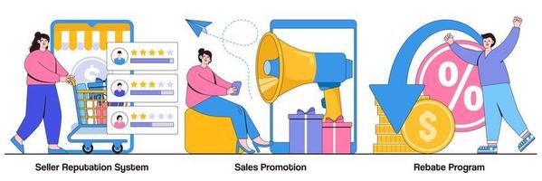 Seller reputation system, sales promotion, rebate program concept with tiny people. E commerce abstract vector illustration set. Online store discounts, internet shopping metaphor