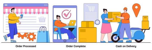 Order processed, order complete, cash on delivery concept with tiny people. Purchase process vector illustration set. Online store, e-commerce website, shipping details, delivery service metaphor