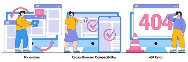 interfaz de micrositio, compatibilidad entre navegadores, concepto de error 404 con personas diminutas. conjunto de ilustraciones vectoriales de desarrollo web. programación, página de empresa, página no encontrada, metáfora del usuario del sitio web vector