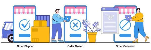 Order shipped, order closed, order canceled concept with people character. Parcel tracking system, digital shopping, online purchase distribution abstract vector illustration set