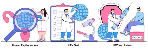 Human papillomavirus, HPV test and vaccination concept with people character. HPV infection vector illustration set. Cervical cancer early diagnostics, laboratory sample, virus screening metaphor