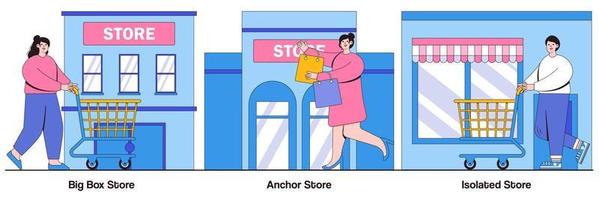 Big Box, Anchor, and Isolated Store with People Characters Illustrations Pack vector