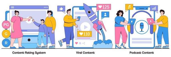 Content Rating System, Viral Content, and Podcast Content Illustrated Pack vector