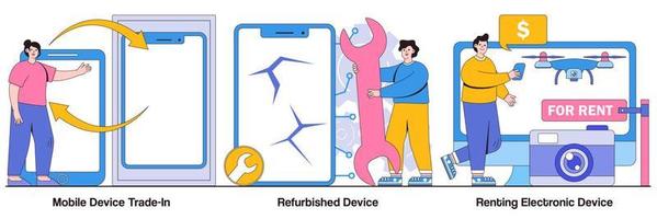 Mobile Device Trade-In, Refurbished Device, Renting Electronic Device with People Characters Illustrations Pack