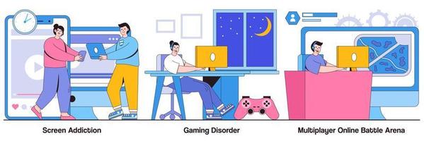Screen Addiction, Gaming Disorder, Multiplayer Online Battle Arena with People Characters Illustrations Pack