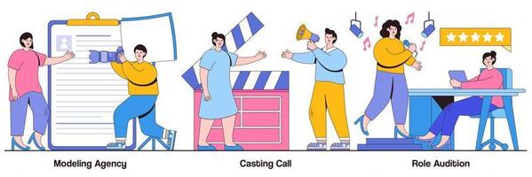 Modeling Agency, Casting Call, Singing Audition with People Characters Illustrations Pack vector