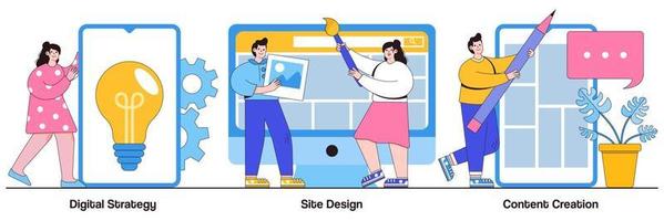 Digital strategy, site design, content creation concept with tiny people. Outbound marketing abstract vector illustration set. Creative writing, web development and mobile advertising metaphor