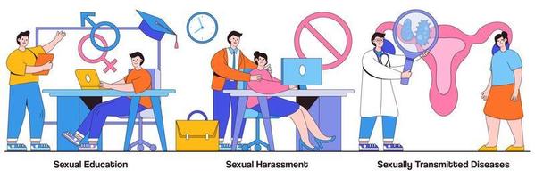 Sexual harassment and sexually transmitted diseases concept with tiny people. Sexual behavior vector illustration set. Sex education, abuse and assault, insecure contact, labor relationship metaphor