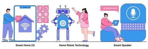 hogar inteligente 2.0, tecnología de robot doméstico, concepto de altavoz activado por voz con personas diminutas. conjunto de ilustración de vector de entorno de vida inteligente. aspiradora, metáfora interactiva de la infraestructura iot