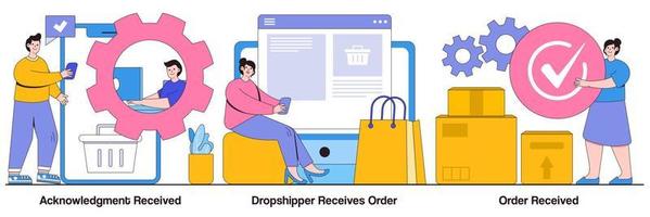 Acknowledgment received, drop shipper receives order, order received concept with people character. Customer support, express delivery service, transportation business vector illustration set