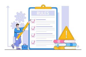 Rules and regulations, employee policies and guidelines, legal term, corporate compliance or laws, standard procedure concepts. Businessman studying list of rules, reading guidance, making checklist vector
