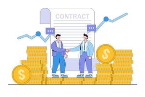 Salary negotiation, wage and benefit agreements, pay raise discussion, commercial deals, idea of mergers and acquisitions concepts. Businesspeople handshake on piles of coin and sign the contract