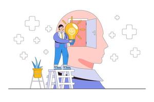 Positive thinking mindset, optimistic or good attitude bring success to work, always have solution in mind for any issues concepts. Businessman insert bright lightbulb with smile symbol into his head vector