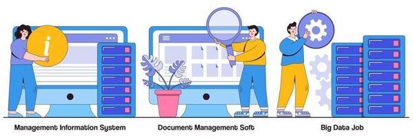 Management information system, document management soft, big data job concept with tiny people. Information collection and analysis vector illustration set. Sharing online, visualization metaphor