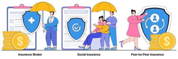 Insurance broker, social insurance, peer-to-peer insurance concept with tiny people. Risk insurance vector illustration set. Emergency risk, unemployment and income loss, pension trust fund metaphor