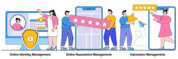 Online identity management, online reputation management, impression management concept with tiny people. Web presence establishment, crm software, self presentation abstract vector illustration set