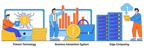 tecnología fintech, sistema de información empresarial, concepto de computación perimetral con personas diminutas. conjunto de ilustraciones vectoriales de integración de tecnología e infraestructura de ti. procesamiento de pagos, metáfora de la red vector