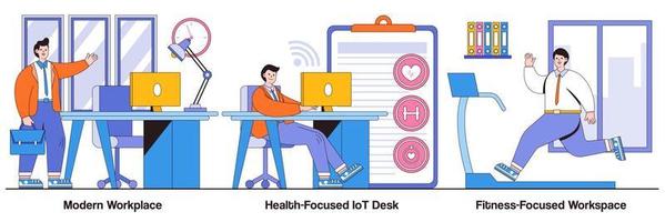 lugar de trabajo moderno, escritorios iot centrados en la salud y paquete ilustrado de estilo de vida centrado en el fitness vector