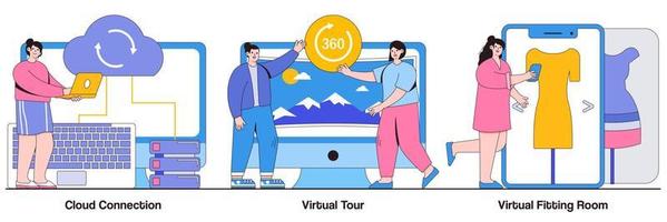 Cloud connection, virtual tour, virtual fitting room concept with people character. Online data transfer and virtual experience vector illustration set. Internet connection, web 3d tour metaphor