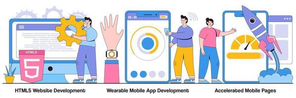 HTML5 Website Development, Wearable Mobile App, and Accelerated Mobile Pages Illustrated Pack vector