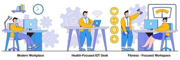 Modern Workplace, Health-Focused Iot Desk, Fitness-Focused Workspace with People Characters Illustrations Pack vector