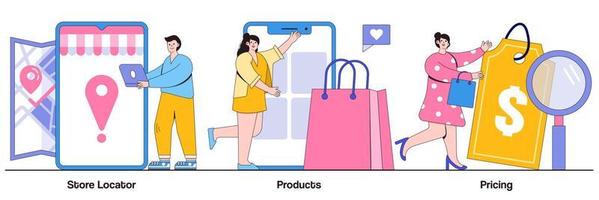 Store locator, product, pricing concept with tiny people. E-commerce website vector illustration set. Website menu bar, find us, service catalog, retail store, online shopping, wishlist metaphor