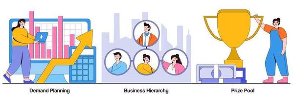 Demand planning, business hierarchy, prize pool concept with people character. Business development and improvement abstract vector illustration set. Start up launching strategy metaphor