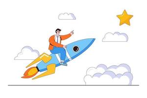 Hope to success in business, accomplishment target, achieve goal, receive reward, and motivation concepts. Smart confident businessman flying to the sky using rocket to reach and grab precious star vector