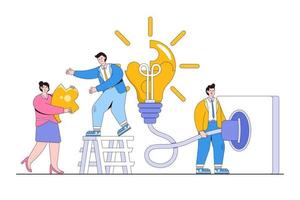 Teamwork, cooperation, or collaboration to win business success, partnership between coworkers or colleagues concepts. Businesspeople team supports each other to solve lightbulb puzzle and plug it in vector