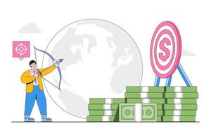 Financial target goal, wealth management and investment plan, strategy achievement, aiming income or pay increase concept. Businessman shooting with bow and arrow focus to bullseye with dollar symbol vector