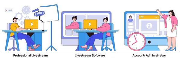 Professional livestream, software and account administrator concept with tiny people. Online live event vector illustration set. Broadcasting service, stream manager, go live in real-time metaphor