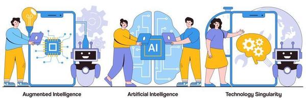 paquete ilustrado de inteligencia aumentada, robótica cognitiva artificial y singularidad tecnológica vector