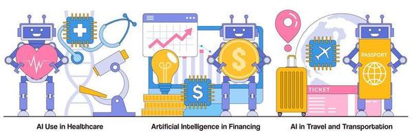 ai utilizado en atención médica, inteligencia artificial en financiamiento, viajes y paquete ilustrado de transporte vector