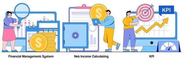 sistema de gestión financiera, cálculo de ingresos netos y paquete ilustrado de kpi vector