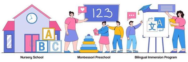 Nursery School, Montessori Preschool, Bilingual Immersion Program with People Characters Illustrations Pack