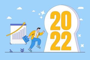 Year 2022 economic outlook, forecast or visionary to view future, challenge, and business opportunity concepts. Businessman reach out to the keyhole and start running to achieve 2022 business goal