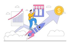 Grow storefront or build small business by using marketing to promote shop, increase and earn more profit concepts illustrations. Businessman flying on rocket with holding store and go to target