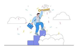 Key to business success, stairway to find a secret key, or achieving a career goal concepts illustrations. Businessman winner with briefcase climbs stairs and lifting golden success key to the sky vector