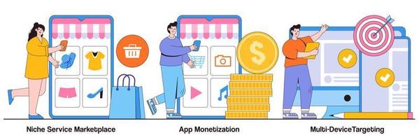 Niche service marketplace, app monetization, multi-device targeting concept with tiny people. Online retail vector illustration set. Buy and sell products, startup launch, mobile user metaphor