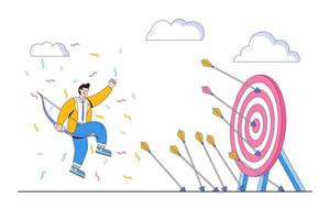 Effectiveness and efficiency to measure success rates, effort or expense to achieve goal, practice until succeed concepts. Businessman finally hit archery target ring after many missed arrows vector