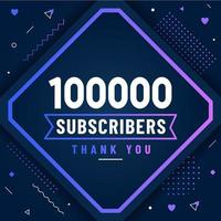 Thank you 100000 subscribers, 100K subscribers celebration modern colorful design. vector