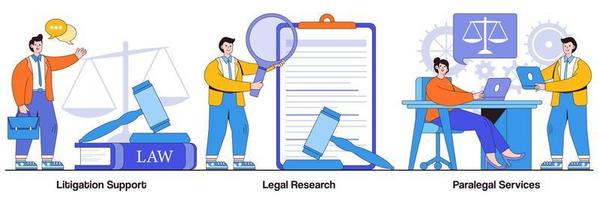 apoyo en litigios, investigación legal, concepto de servicios paralegales con personas diminutas. conjunto de ilustración de vector de bufete de abogados. contabilidad forense, consultoría, recopilación de datos, metáfora del trabajo legal del abogado