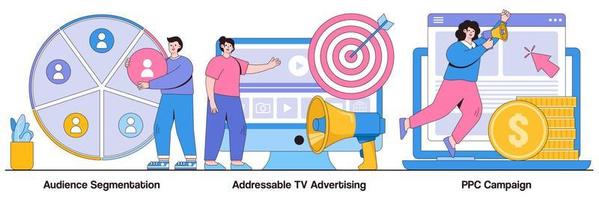 Audience segmentation, addressable tv advertising, ppc campaign concept with people character. Targeted promotion, SEO, digital marketing vector illustration set. Geotargeting, CPC advertisement