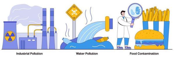 paquete ilustrado de contaminación industrial, intoxicación por agua y contaminación por alimentos vector