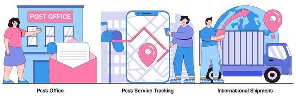 paquete ilustrado de oficina de correos, seguimiento posterior al servicio y envío internacional vector